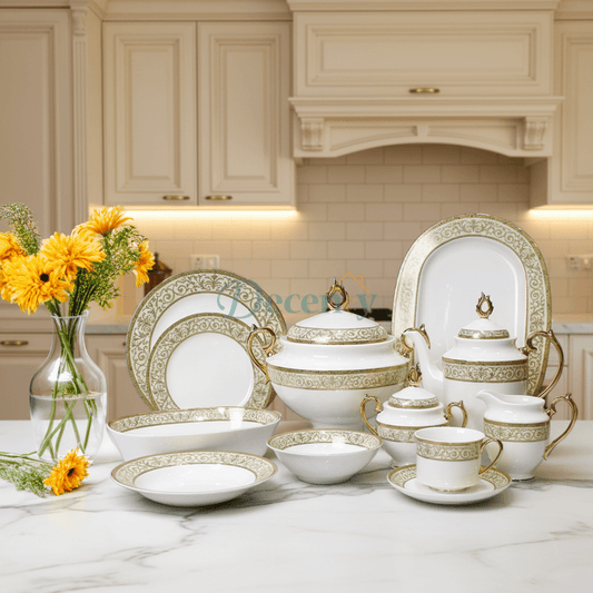 Luxurious 61-Piece Gold Filigree Bone China Dinner Set
