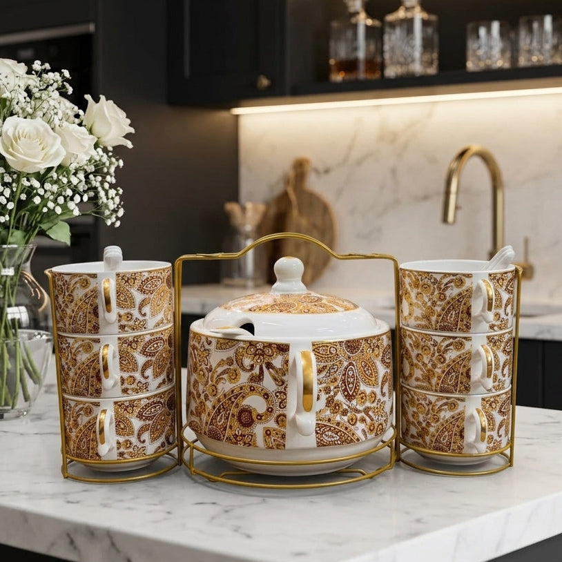15 pcs ceramic soup set with tureen, bowls, spoons, and gold stand on a marble countertop