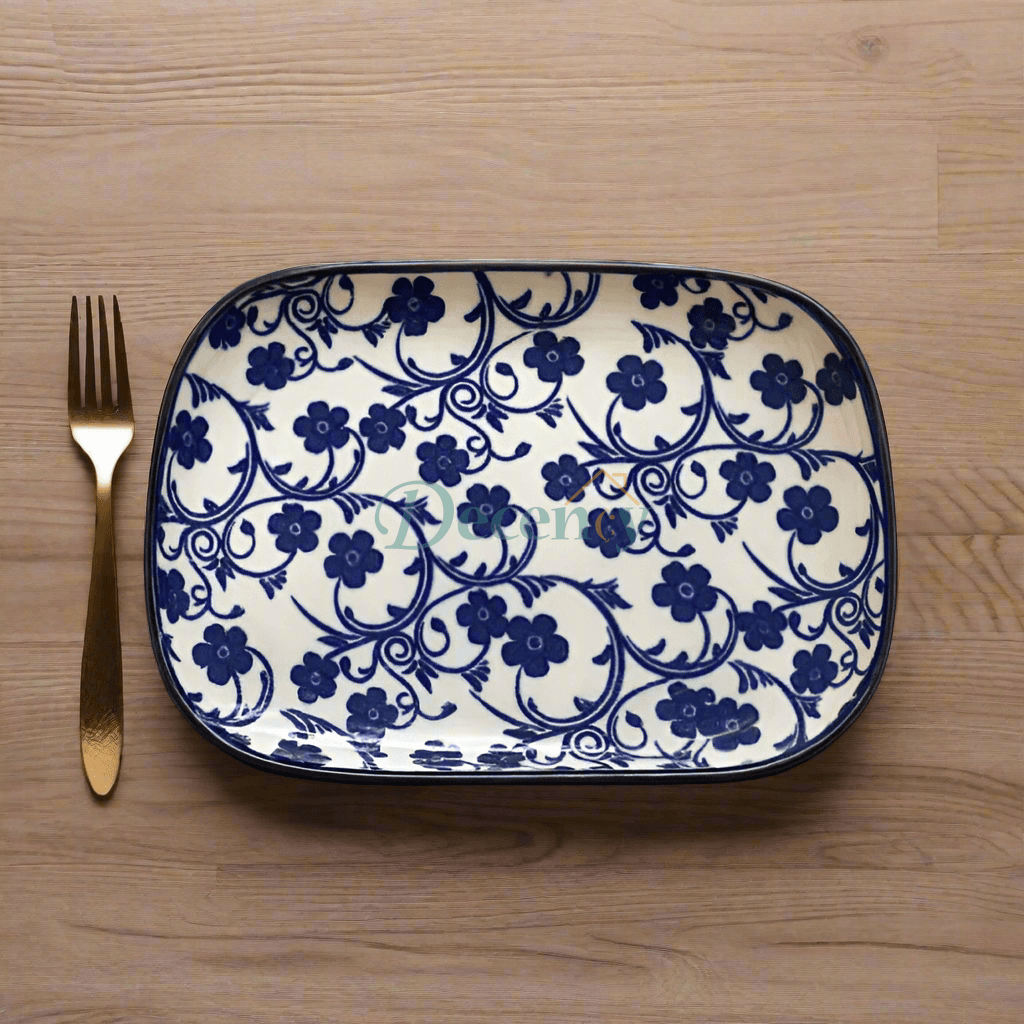 rectangular ceramic serving plate blue floral ceramic plate Danny Home serving platter durable ceramic serving dish decorative ceramic plate for serving