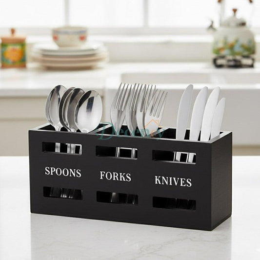Wooden Utensil Holder With 3 Compartments