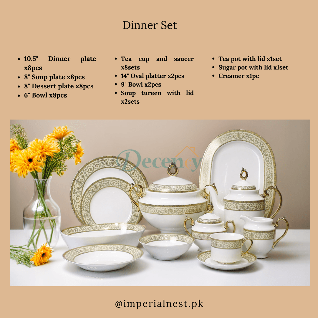 Luxurious 61-Piece Gold Filigree Bone China Dinner Set