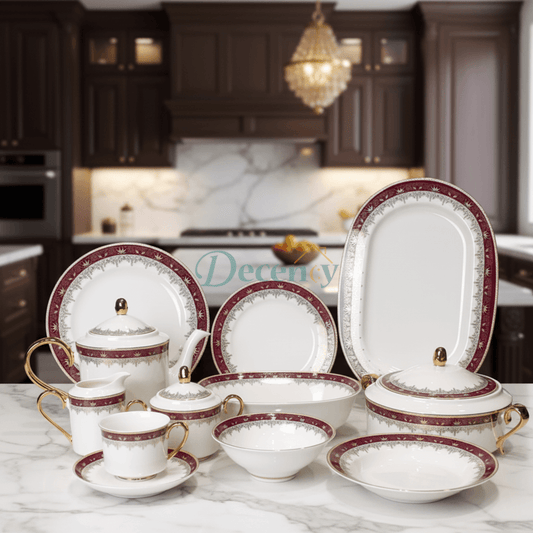 Luxurious 61-Piece White & Burgundy Bone China Dinner Set
