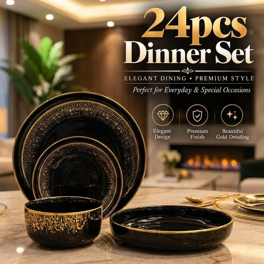 24-piece black ceramic dinner set with luxury gold rim on dining table