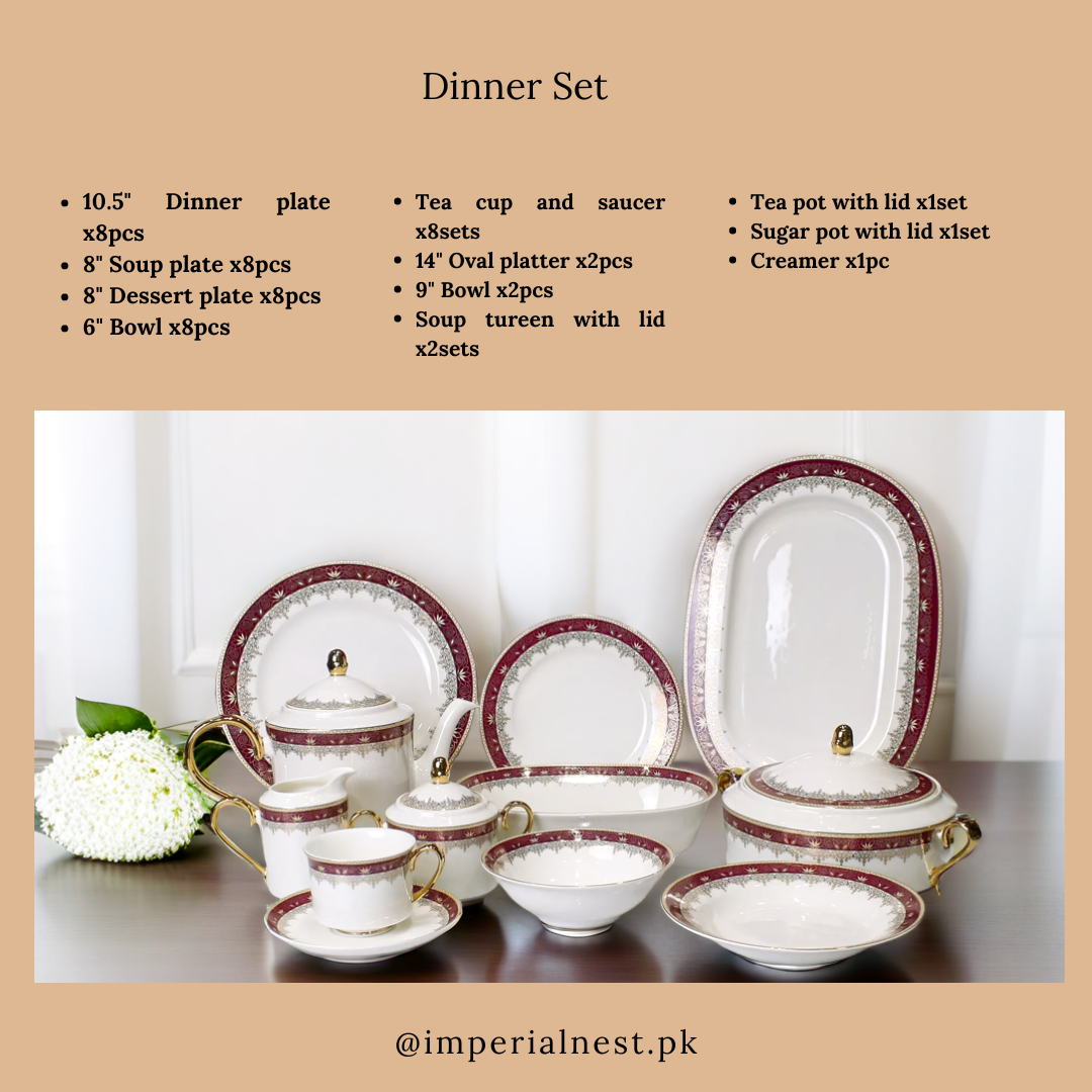 Luxurious 61-Piece White & Burgundy Bone China Dinner Set