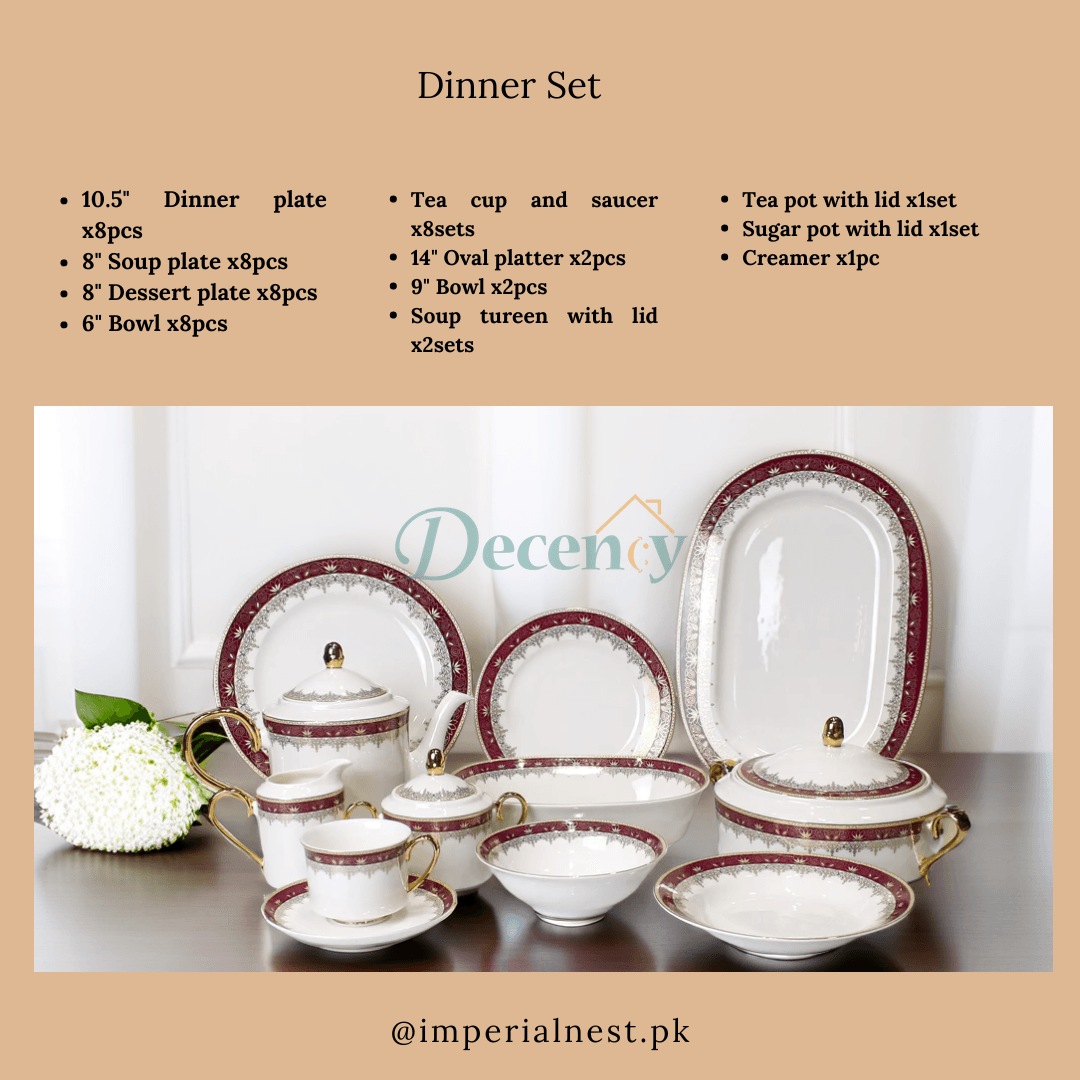 Luxurious 61-Piece White & Burgundy Bone China Dinner Set