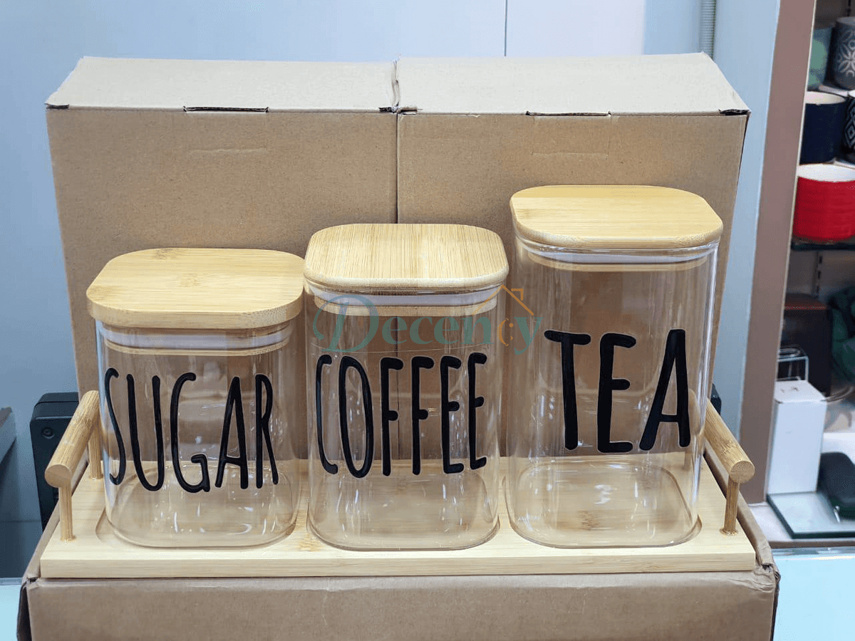 3-Piece Glass Jar with Bamboo Lid Tea Coffee Sugar