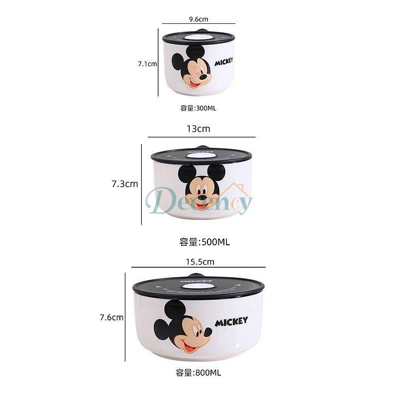 Disney Ceramic Bowl With Lid Microwave Oven Bowl 3 Pcs Student Thicken Lunch Box
