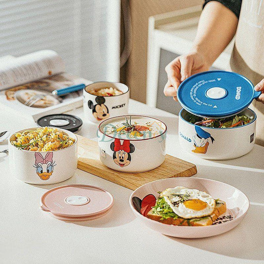 Disney Ceramic Bowl With Lid Microwave Oven Bowl 3 Pcs Student Thicken Lunch Box