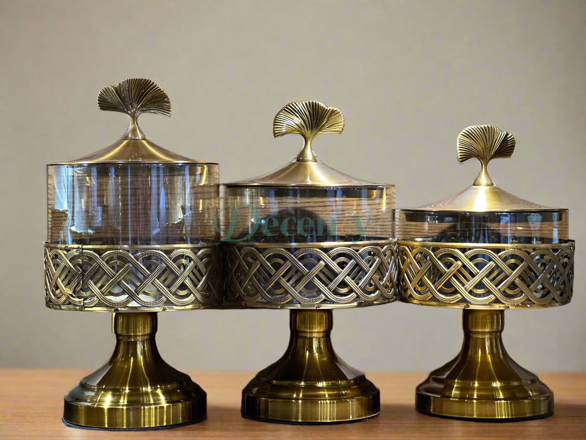 Elegant Gold-Finished Decorative Glass Jar Set – 3-Piece Set