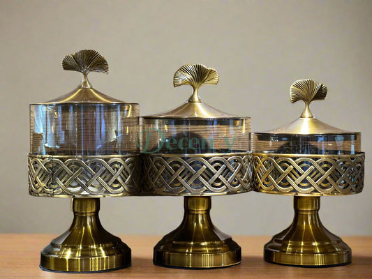 Elegant Gold-Finished Decorative Glass Jar Set – 3-Piece Set