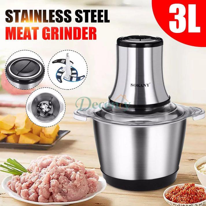Meat Grinder Chopper 3L ,Electric Stainless Steel Meat Chopper, Silver - Decency