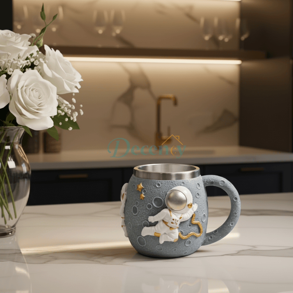 Front view of luxury 3D astronaut moon coffee mug on wooden table