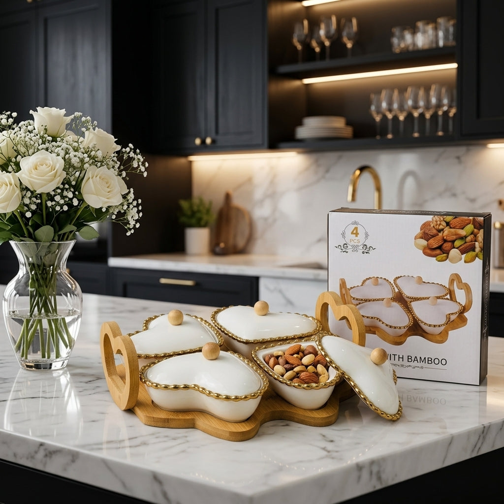 4-piece heart-shaped white ceramic snack bowls with gold beaded rims placed on a natural bamboo tray.