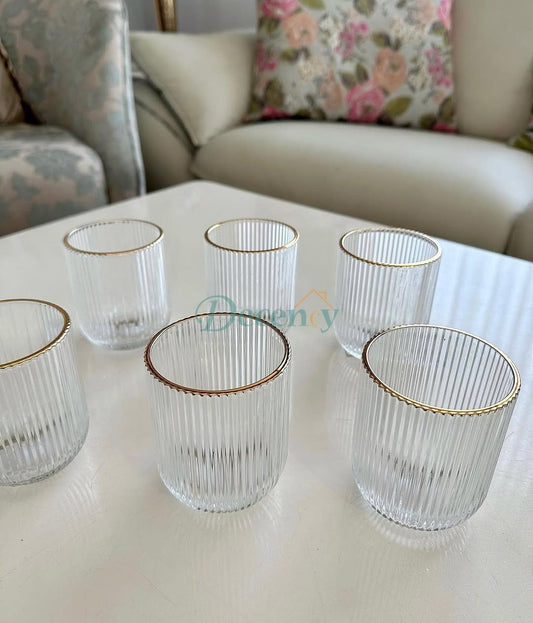 6 Pcs Crystal Glass Ridged Stripe Gold Rim Glass
