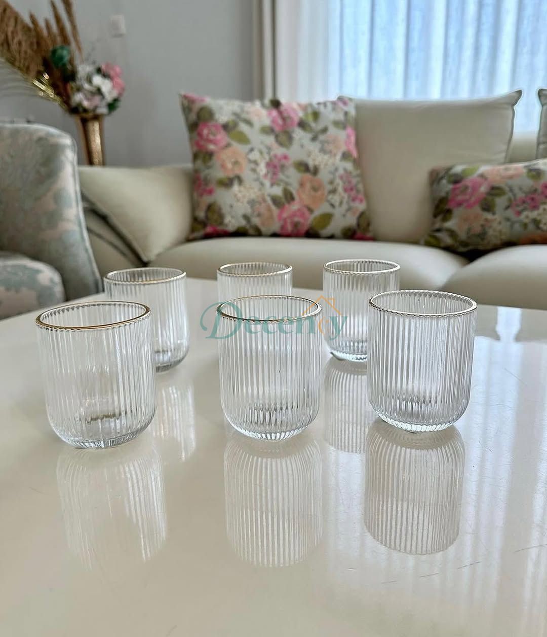 6 Pcs Crystal Glass Ridged Stripe Gold Rim Glass