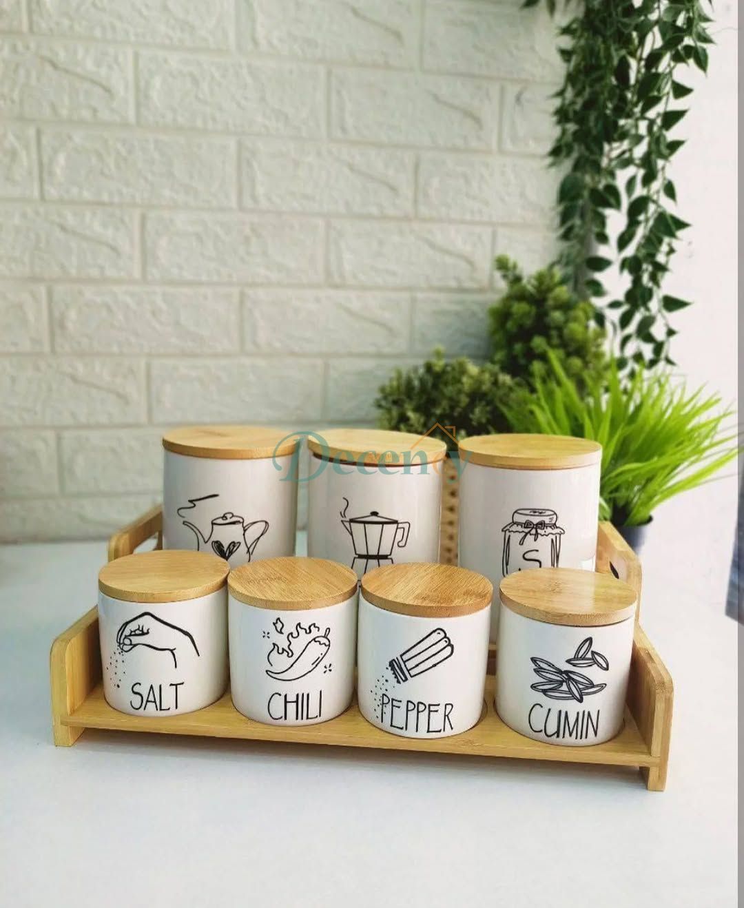 7 Pcs Spice Jar set with Real Bamboo lid & Bamboo Rack