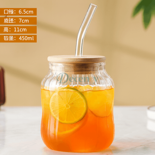 Premium 450ml Glass Sipper Tumbler with Natural Bamboo Lid & Reusable Straw