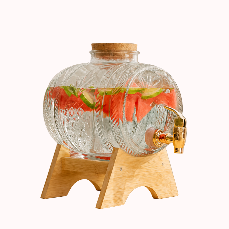 Barrel Shape Glass Water Dispenser with Bamboo Stand