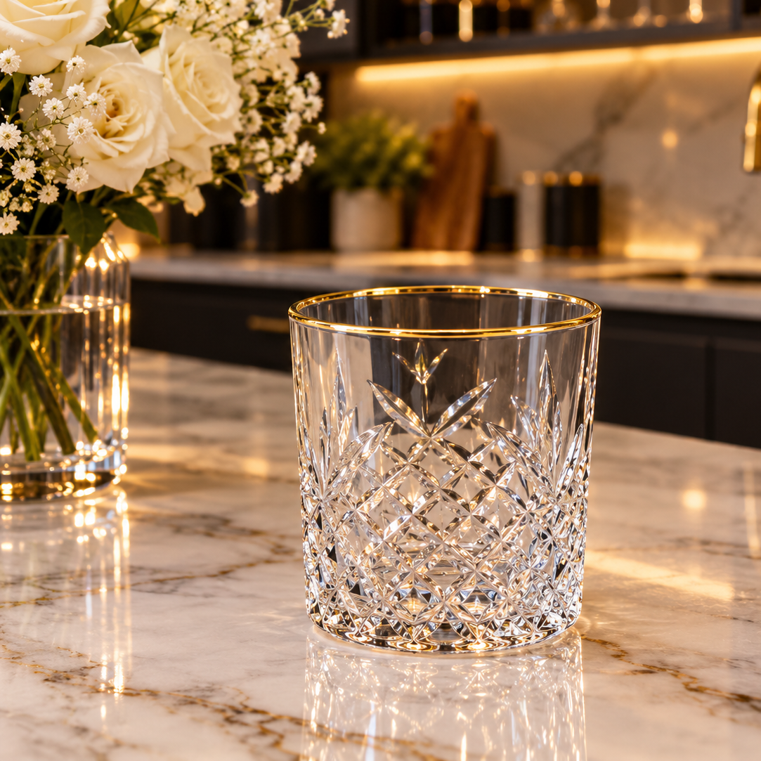 6 pcs crystal cut gold rim water glass set displayed on a luxury kitchen marble countertop in Pakistan