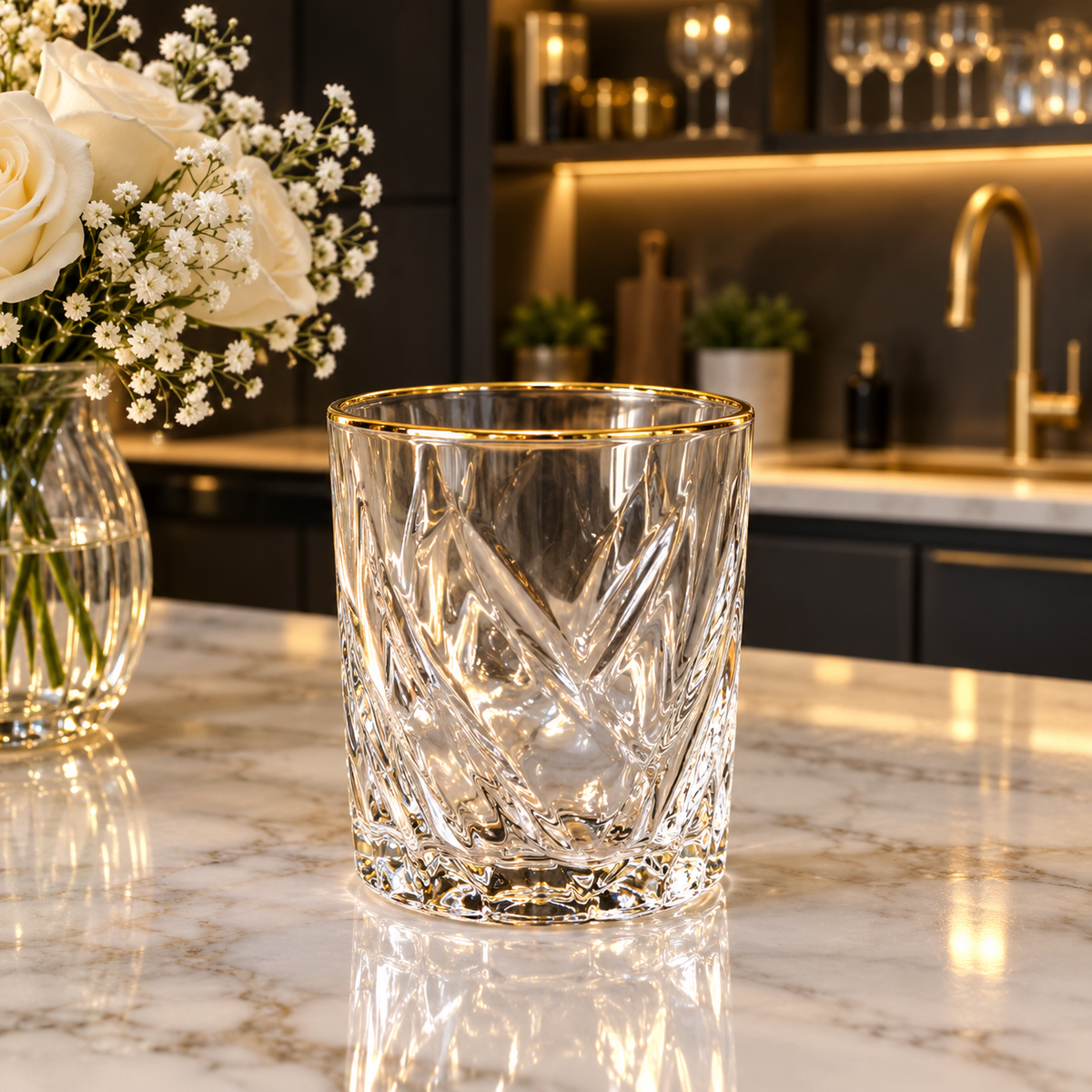 A single 6 pcs crystal cut gold rim glass with a diamond design showcased on a marble countertop.
