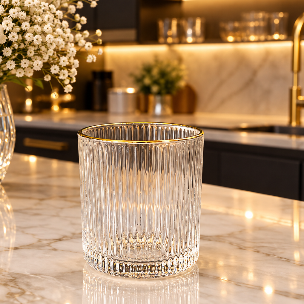 A person holding a 6 pcs fluted glass set with a gold rim and ribbed design in Pakistan.