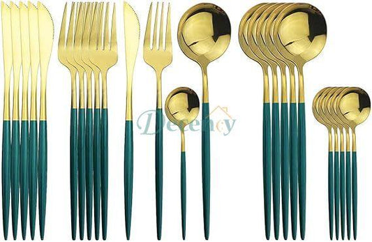 Luxury Polished Cutlery Set – 24 Pcs Set- (Green & Golden)