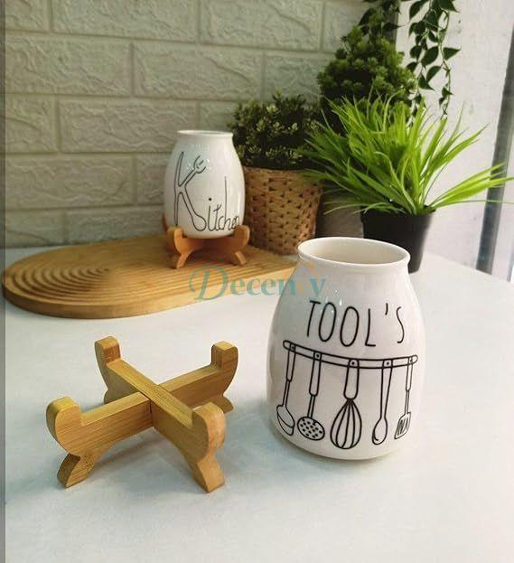 Porcelain Spoon Holder With Bamboo Stand