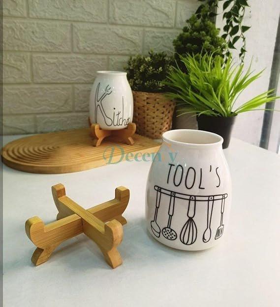 Porcelain Spoon Holder With Bamboo Stand