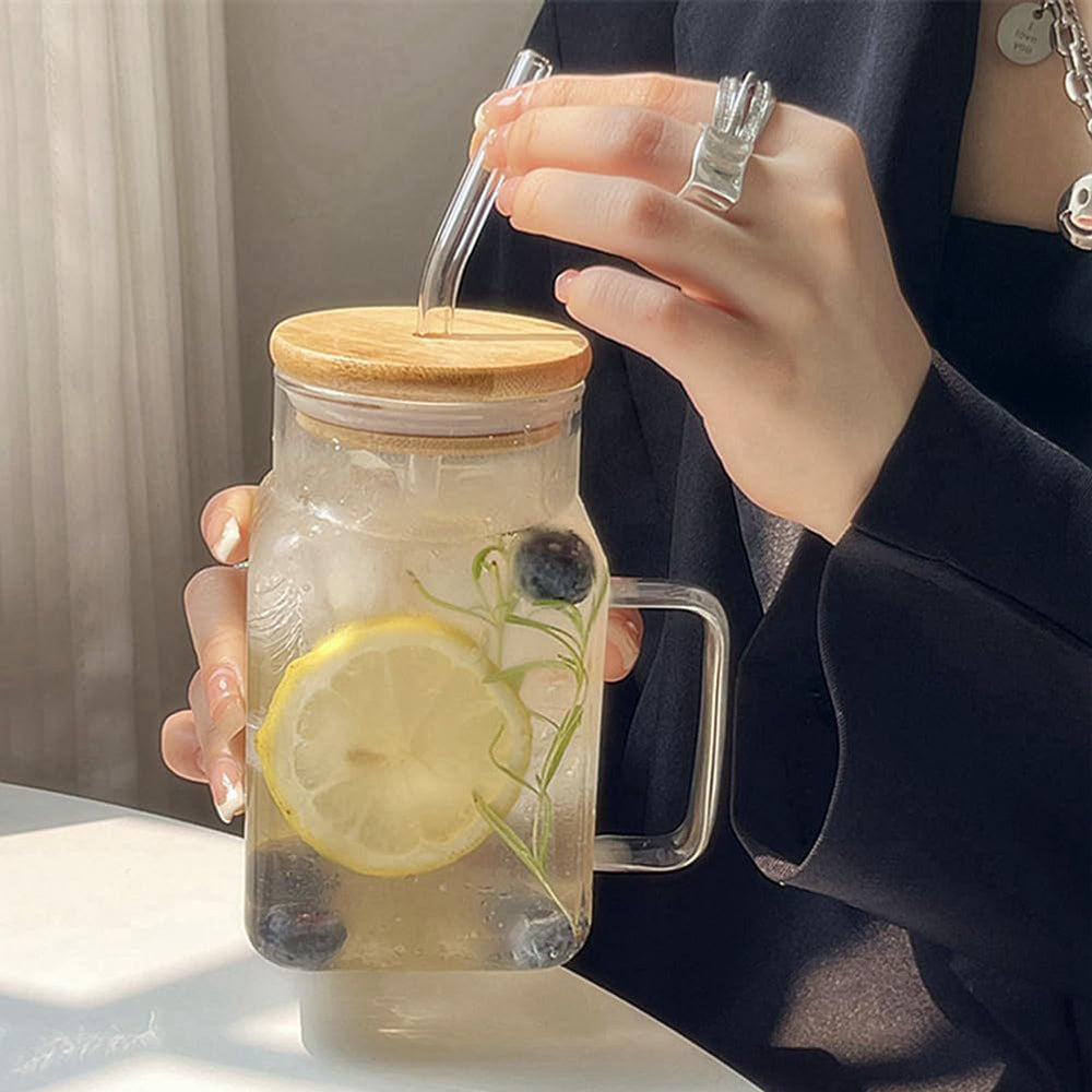 Square Glass Smoothie Cup With Handle And Straw (320 ml)