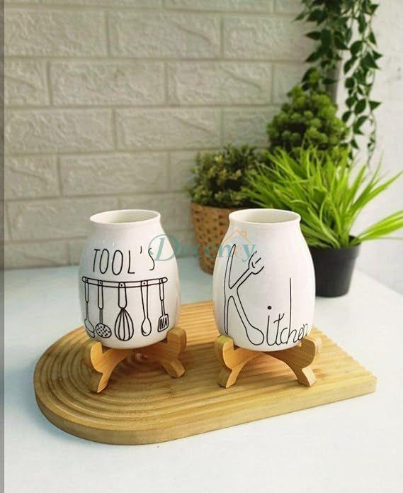 Porcelain Spoon Holder With Bamboo Stand