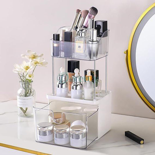 Luxury 2-Tier Acrylic Makeup & Skincare Organizer with Drawer – Space-Saving Cosmetic Storage
