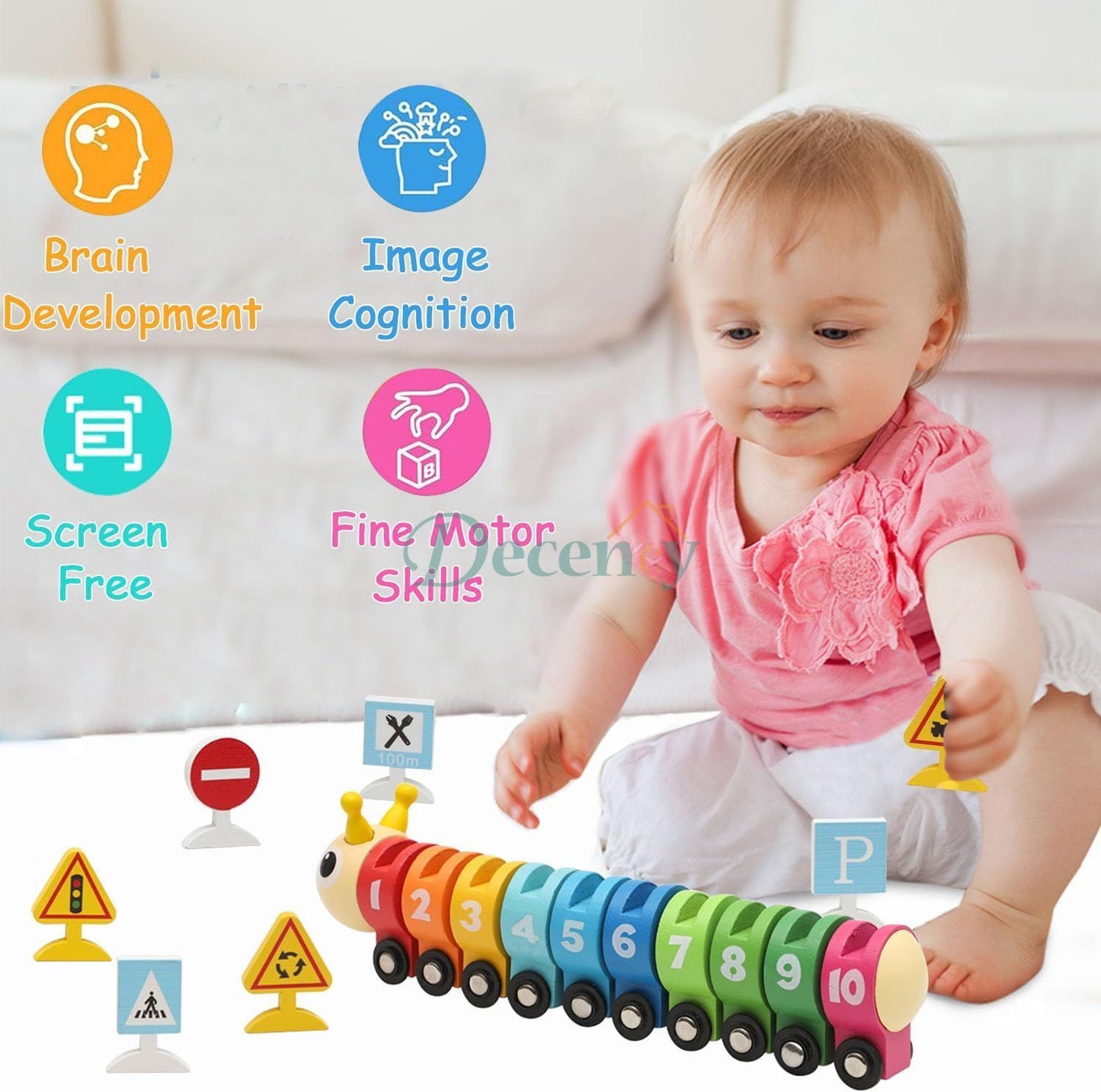 Wooden Caterpillar Train with Numbers & Traffic Sign