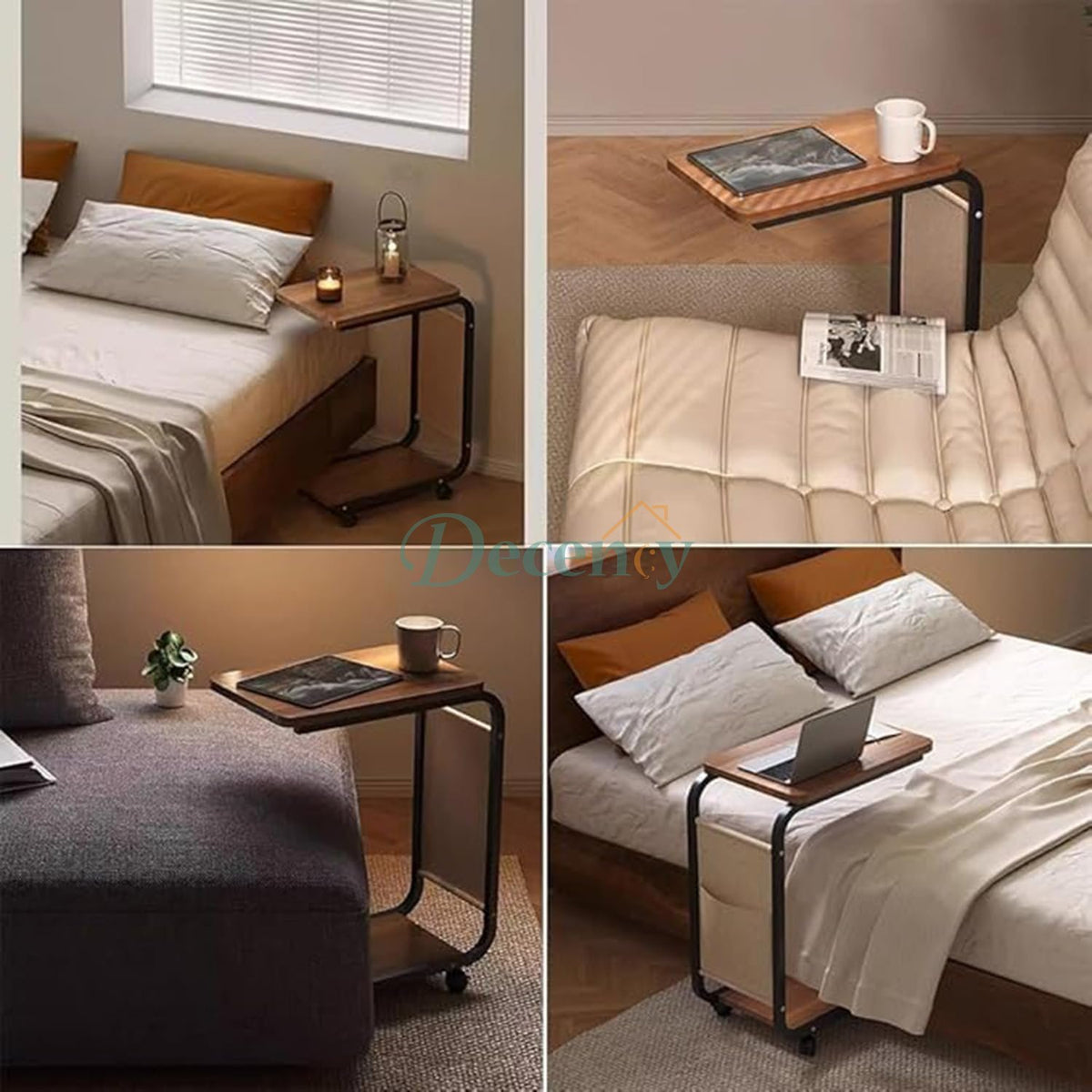 C-Shaped End Table with Wheels, Movable Side Table with Storage Pocket