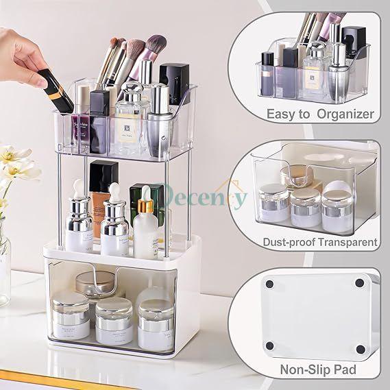 Luxury 2-Tier Acrylic Makeup & Skincare Organizer with Drawer – Space-Saving Cosmetic Storage