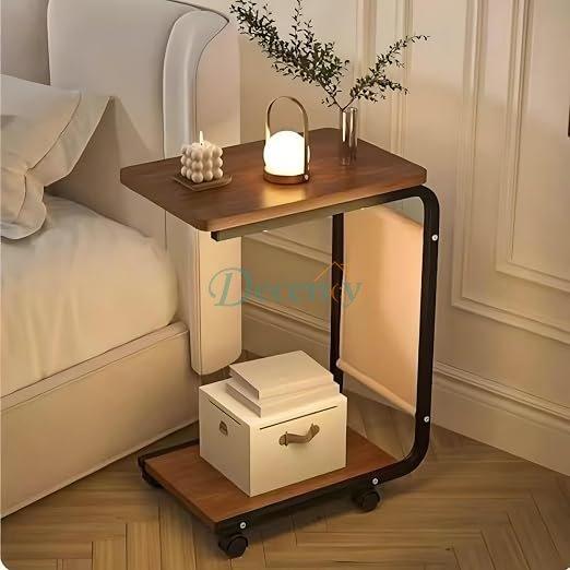 C-Shaped End Table with Wheels, Movable Side Table with Storage Pocket