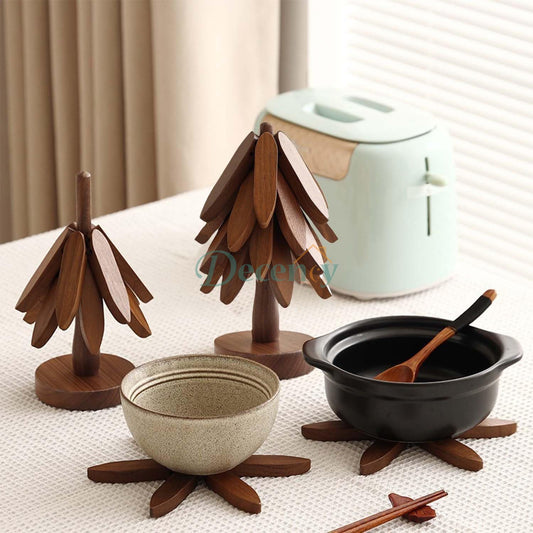 Premium Wooden Foldable Coaster Set & Hot Pot Table Trivet with Storage Stand