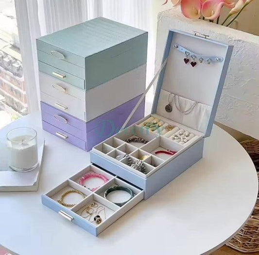 2-Tier Velvet Jewelry Box Organizer with Drawer & Ring Slots