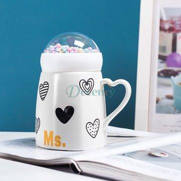Mr Mrs Mug With Globe Lid, 500ml Large Capacity Couple Mug, Ceramic Coffee With Snow Ball Cap