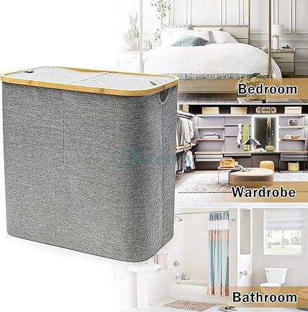 Double Laundry Basket with Dual Built in Handles and Bamboo Frame