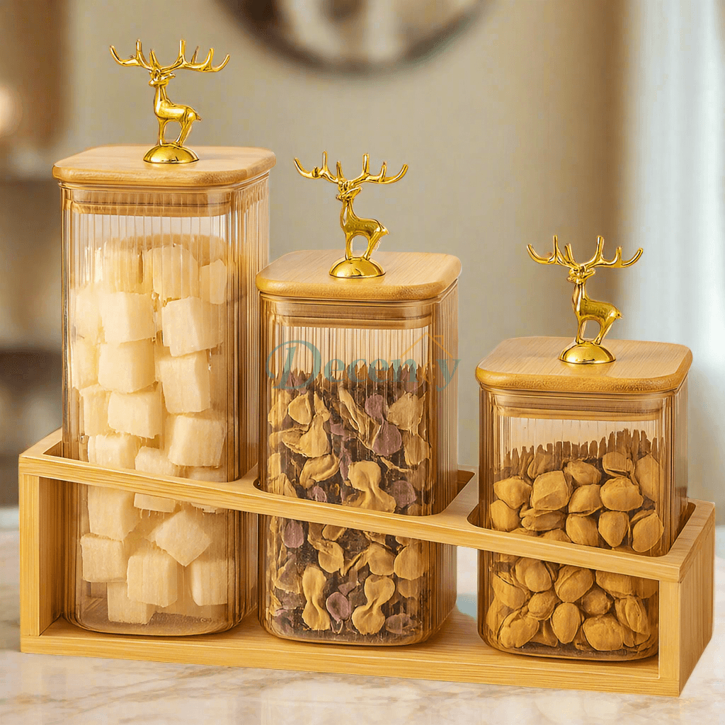 3-Piece Glass Jar Set with Wooden Stand – Elegant Kitchen Storage