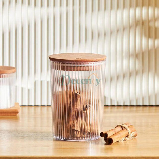 *Airtight ribbed glass storage jar with wooden lid for kitchen spices and coffee