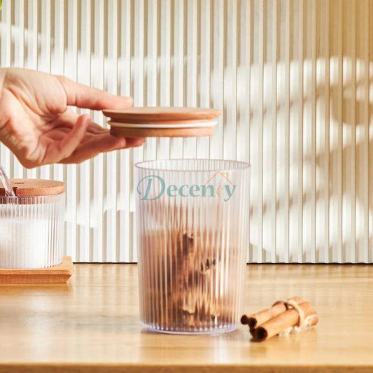 Premium 950ML Ribbed Glass Storage Jar with Airtight Wooden Lid