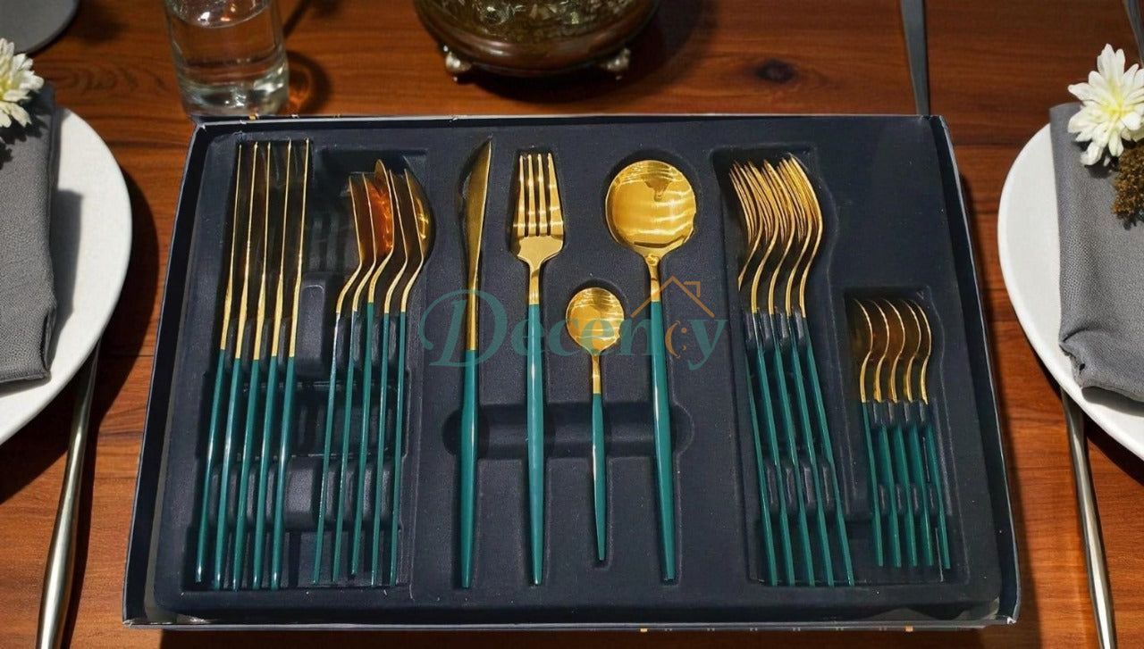 Luxury Polished Cutlery Set – 24 Pcs Set- (Green & Golden)