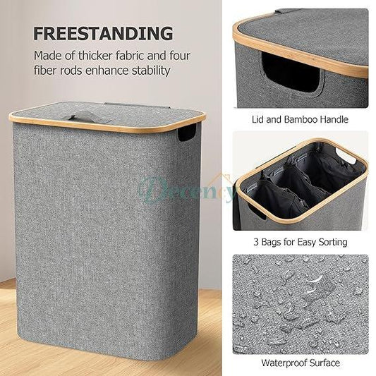 Double Laundry Basket with Dual Built in Handles and Bamboo Frame