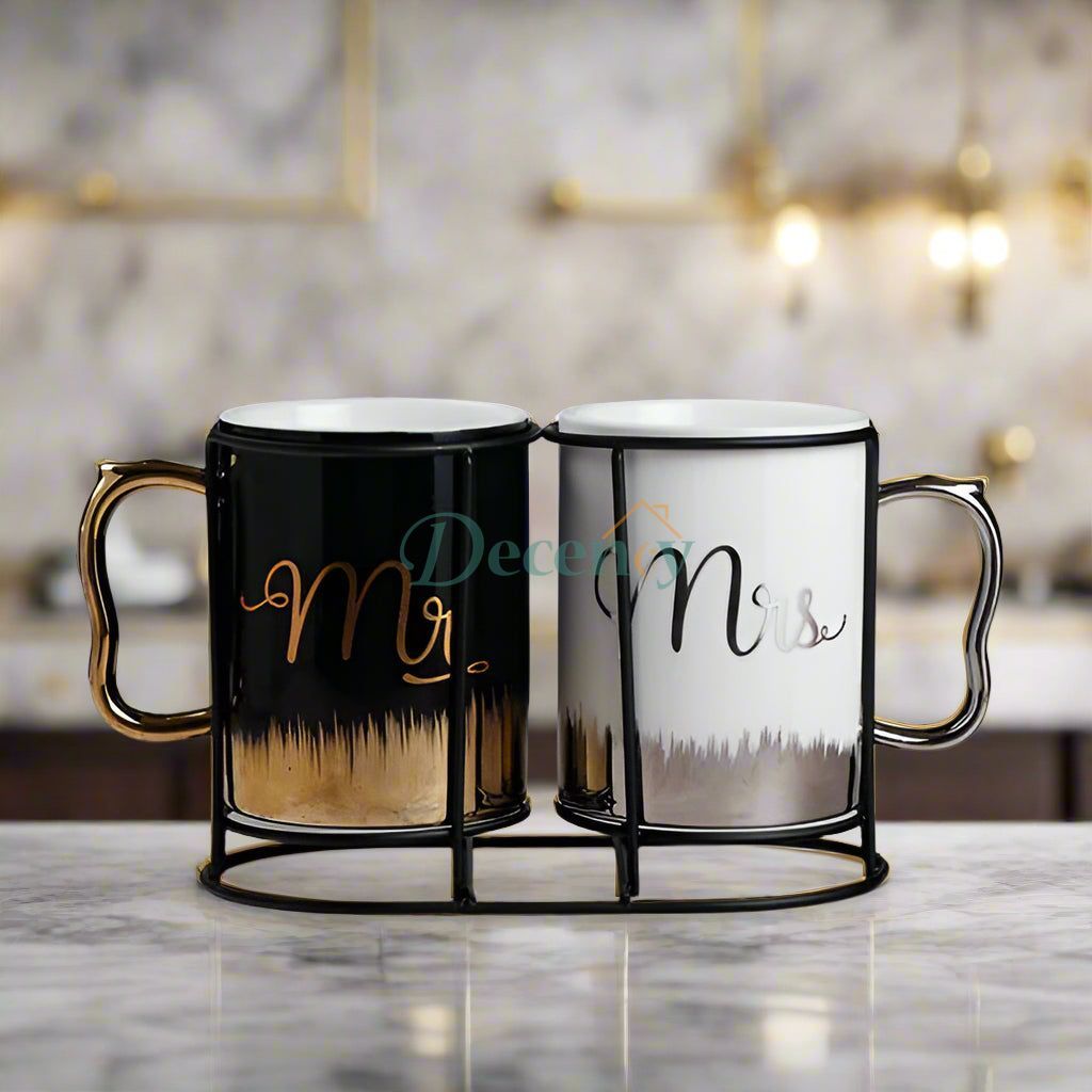 luxury couple mug set, Mr and Mrs ceramic mugs with stand, wedding gift mugs, elegant his and hers cups, couple mug gift set
