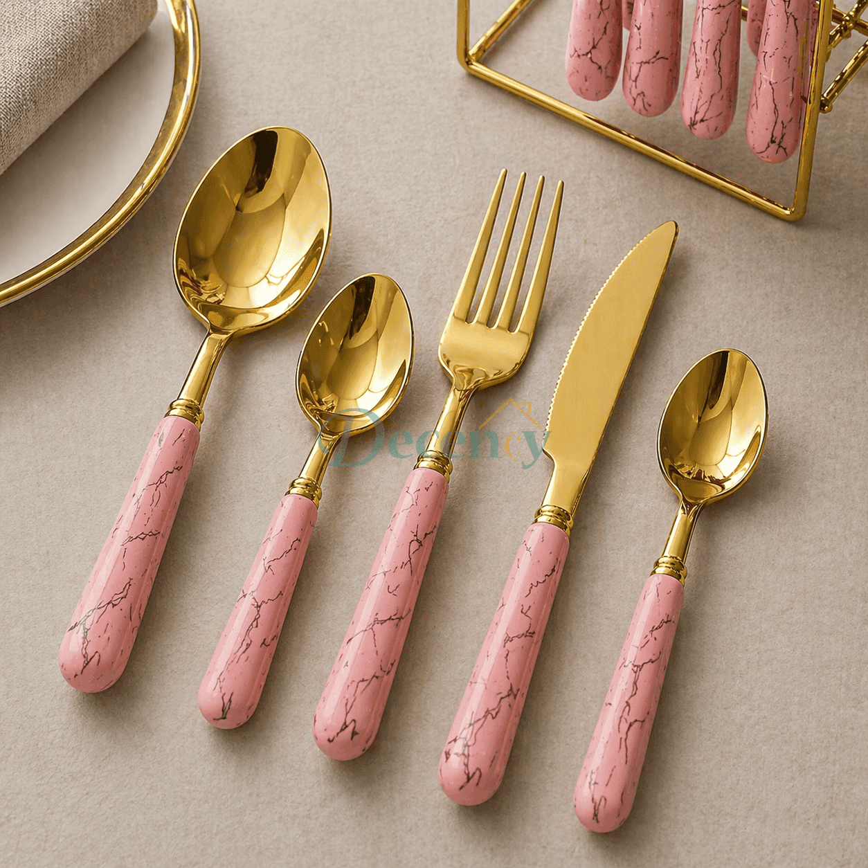 Luxury Gold Beaded Cutlery Set — 24-Piece with Stand