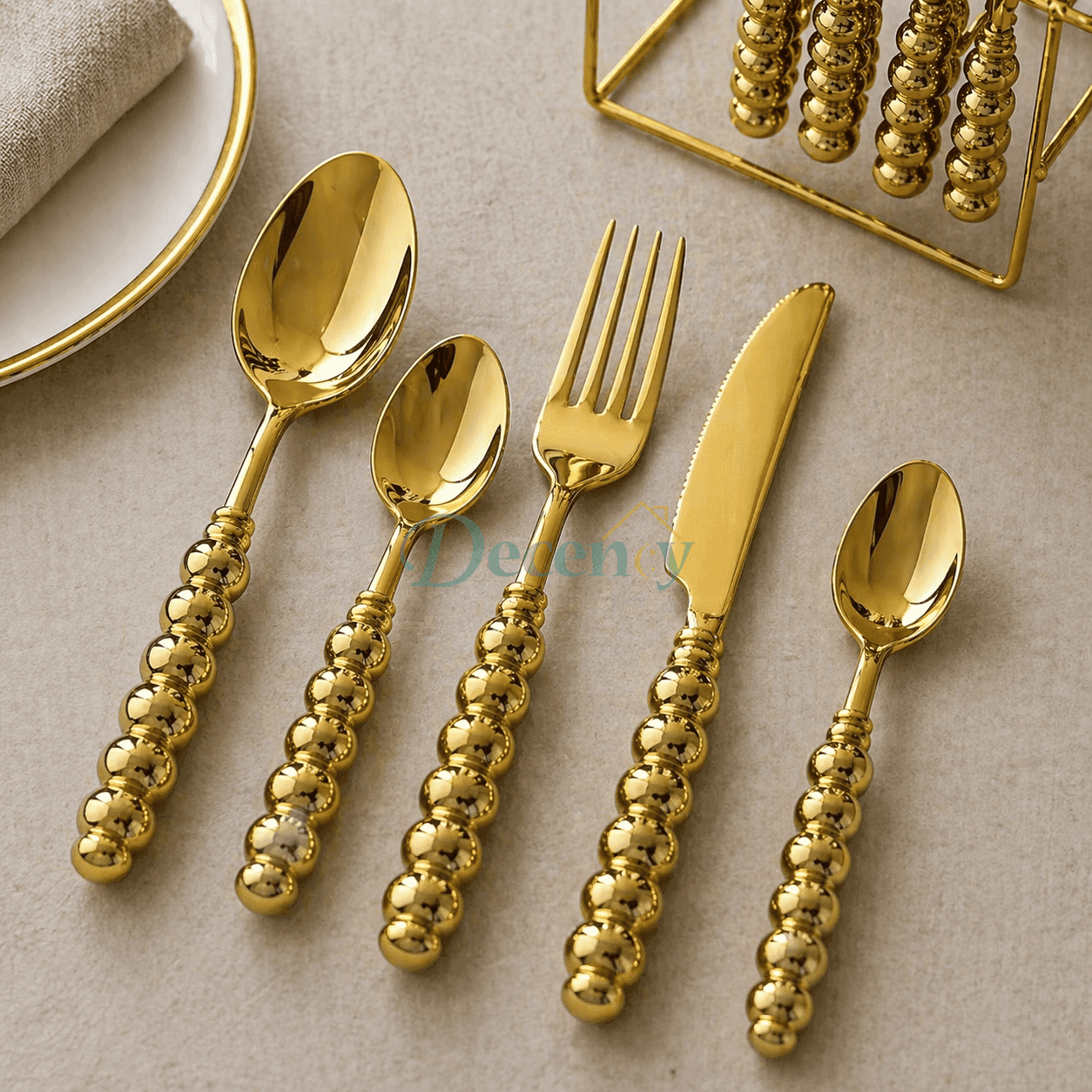 Luxury Gold Beaded Cutlery Set — 24-Piece with Stand