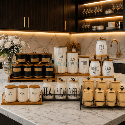 Premium Ceramic Kitchen Canister & Spice Jar Set with Wooden Stand