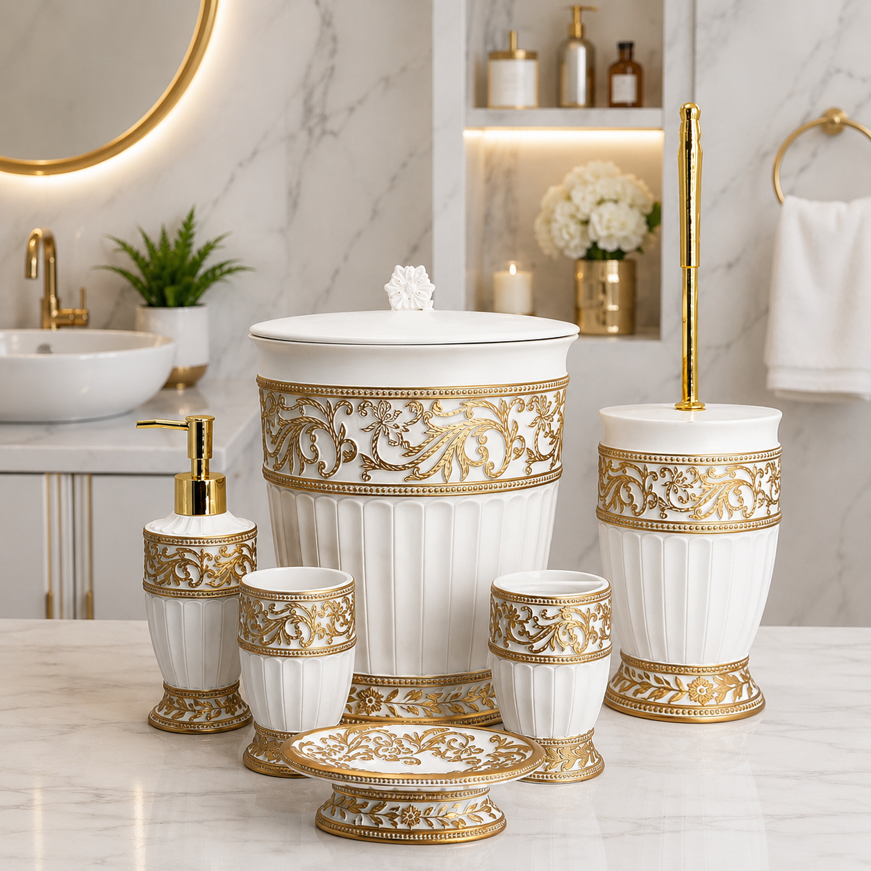 6-Piece White & Gold Embossed Bathroom Set