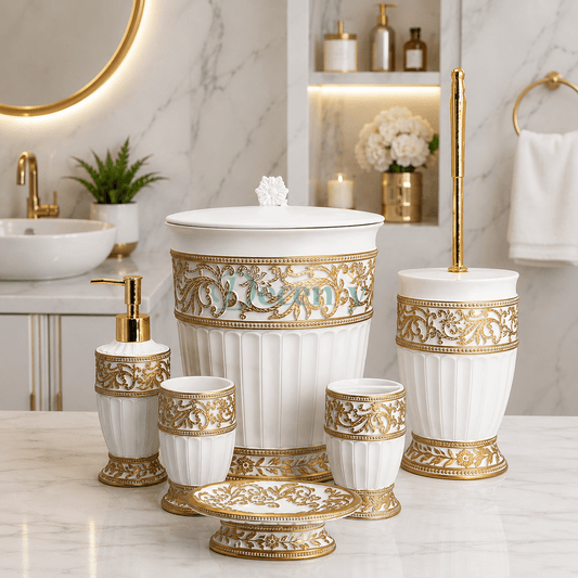 6-Piece White & Gold Embossed Bathroom Set